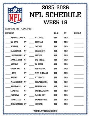 Printable 2025-26 NFL Schedule Week 18