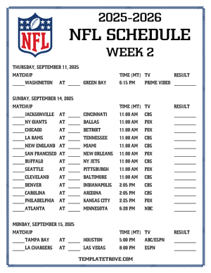 Printable 2025-26 NFL Schedule Week 2 - Mountain Times