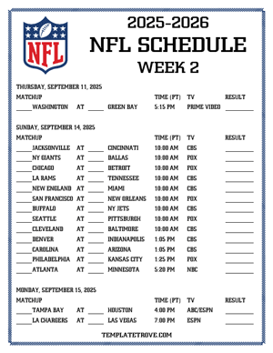 Printable 2025-26 NFL Schedule Week 2 - Pacific Times