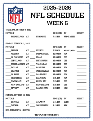 Printable 2025-26 NFL Schedule Week 6 - Central Times