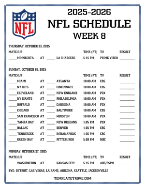 Printable 2025-26 NFL Schedule Week 8 - Pacific Times