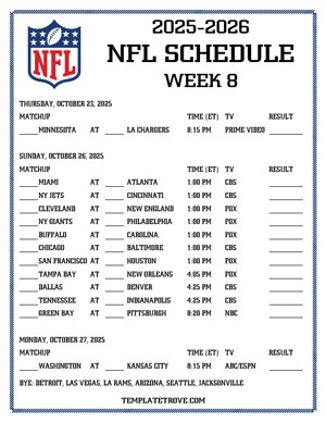 Printable 2025-26 NFL Schedule Week 8