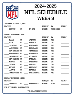 Printable 2025-26 NFL Schedule Week 9