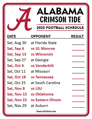 Alabama Crimson Tide Football 2025
 Printable Schedule  - Style 2