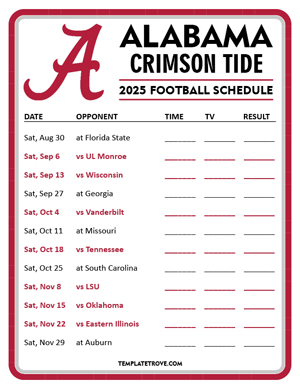 Alabama Crimson Tide Football 2025
 Printable Schedule - Style 3