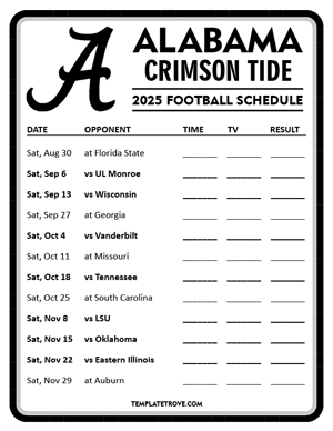 Alabama Crimson Tide Football 2025
 Printable Schedule - Style 4