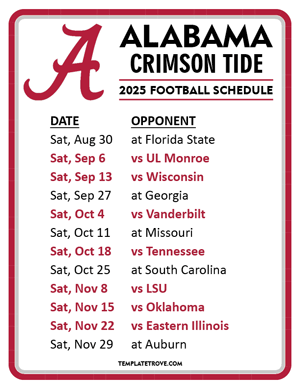 Alabama Crimson Tide Football 2025
 Printable Schedule
