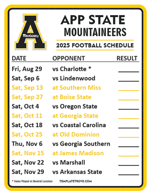 App State Mountaineers Football 2025
 Printable Schedule  - Style 2