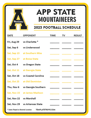 App State Mountaineers Football 2025
 Printable Schedule - Style 3