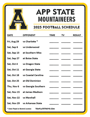 App State Mountaineers Football 2025
 Printable Schedule - Style 4