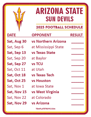 Arizona State Sun Devils Football 2025
 Printable Schedule  - Style 2
