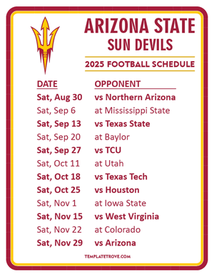 Arizona State Sun Devils Football 2025
 Printable Schedule