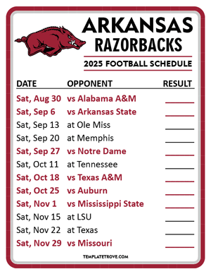 Arkansas Razorbacks Football 2025
 Printable Schedule  - Style 2