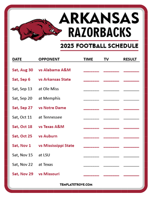 Arkansas Razorbacks Football 2025
 Printable Schedule - Style 3