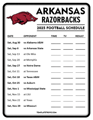 Arkansas Razorbacks Football 2025
 Printable Schedule - Style 4