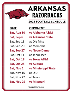 Arkansas Razorbacks Football 2025
 Printable Schedule