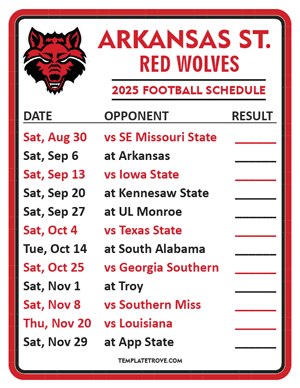 Arkansas State Red Wolves Football 2025
 Printable Schedule  - Style 2