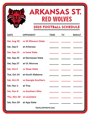 Arkansas State Red Wolves Football 2025
 Printable Schedule - Style 3