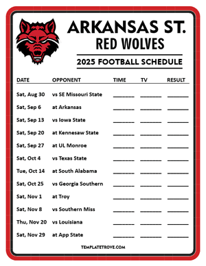 Arkansas State Red Wolves Football 2025
 Printable Schedule - Style 4
