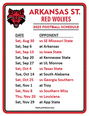 Arkansas State Red Wolves Football 2025
 Printable Schedule