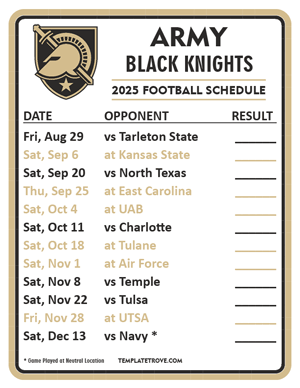 Army Black Knights Football 2025
 Printable Schedule  - Style 2