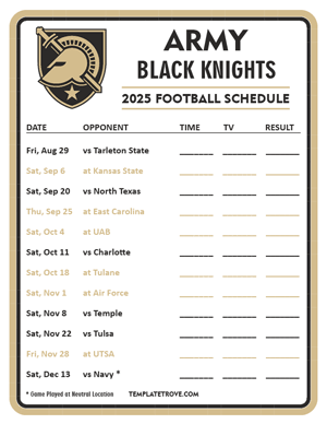 Army Black Knights Football 2025
 Printable Schedule - Style 3