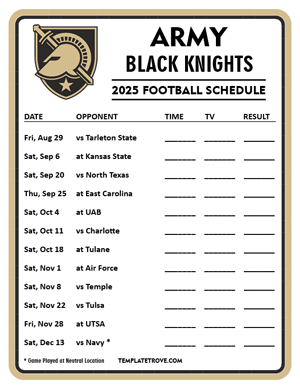 Army Black Knights Football 2025
 Printable Schedule - Style 4
