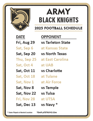 Army Black Knights Football 2025
 Printable Schedule