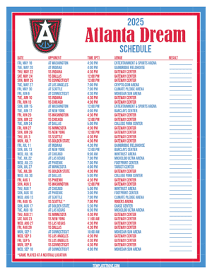 Atlanta Dream 2025
 Printable Basketball Schedule - Pacific Times