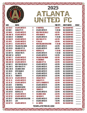 Atlanta United FC 2025
 Printable Soccer Schedule - Pacific Times