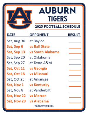 Auburn Tigers Football 2025
 Printable Schedule  - Style 2
