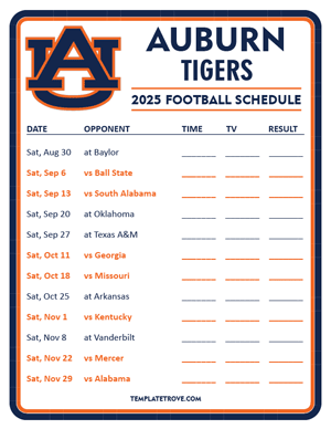 Auburn Tigers Football 2025
 Printable Schedule - Style 3