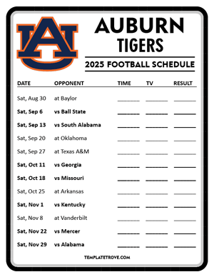 Auburn Tigers Football 2025
 Printable Schedule - Style 4