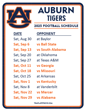 Auburn Tigers Football 2025
 Printable Schedule