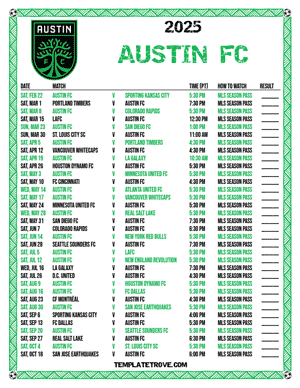 Austin FC 2025
 Printable Soccer Schedule - Pacific Times