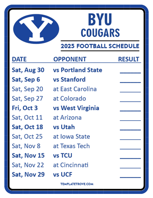 BYU Cougars
 Football 2025
 Printable Schedule  - Style 2