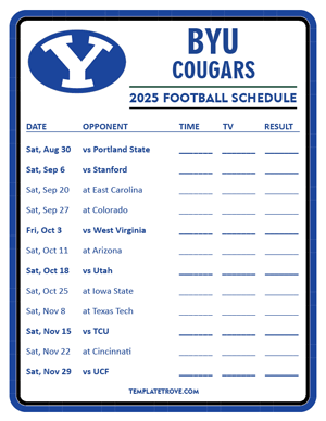 BYU Cougars
 Football 2025
 Printable Schedule - Style 3