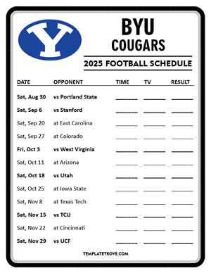 BYU Cougars
 Football 2025
 Printable Schedule - Style 4