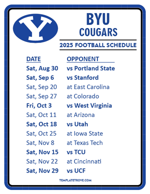 BYU Cougars
 Football 2025
 Printable Schedule