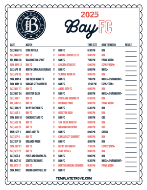 Bay FC 2025
 Printable Soccer Schedule - Central Times