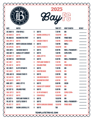 Bay FC 2025
 Printable Soccer Schedule