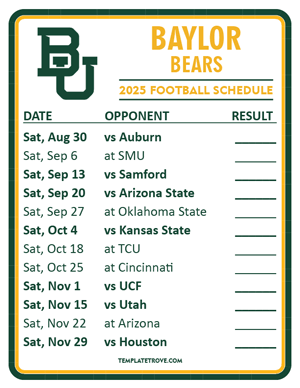 Baylor Bears Football 2025
 Printable Schedule  - Style 2