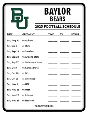 Baylor Bears Football 2025
 Printable Schedule - Style 4