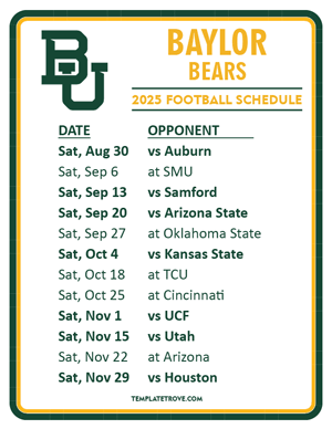 Baylor Bears Football 2025
 Printable Schedule