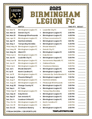 Birmingham Legion FC 2025
 Printable Soccer Schedule - Pacific Times