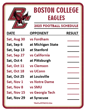 Boston College Eagles Football 2025
 Printable Schedule  - Style 2