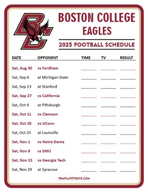 Boston College Eagles Football 2025
 Printable Schedule - Style 3