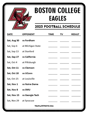 Boston College Eagles Football 2025
 Printable Schedule - Style 4