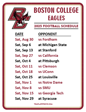 Boston College Eagles Football 2025
 Printable Schedule