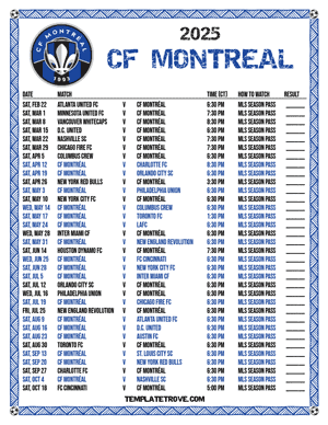 CF Montreal 2025
 Printable Soccer Schedule - Central Times